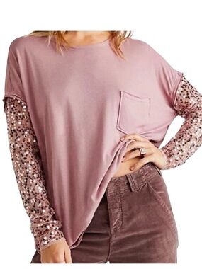 Free People Sequined Dusty Rose Long Sleeve Tee